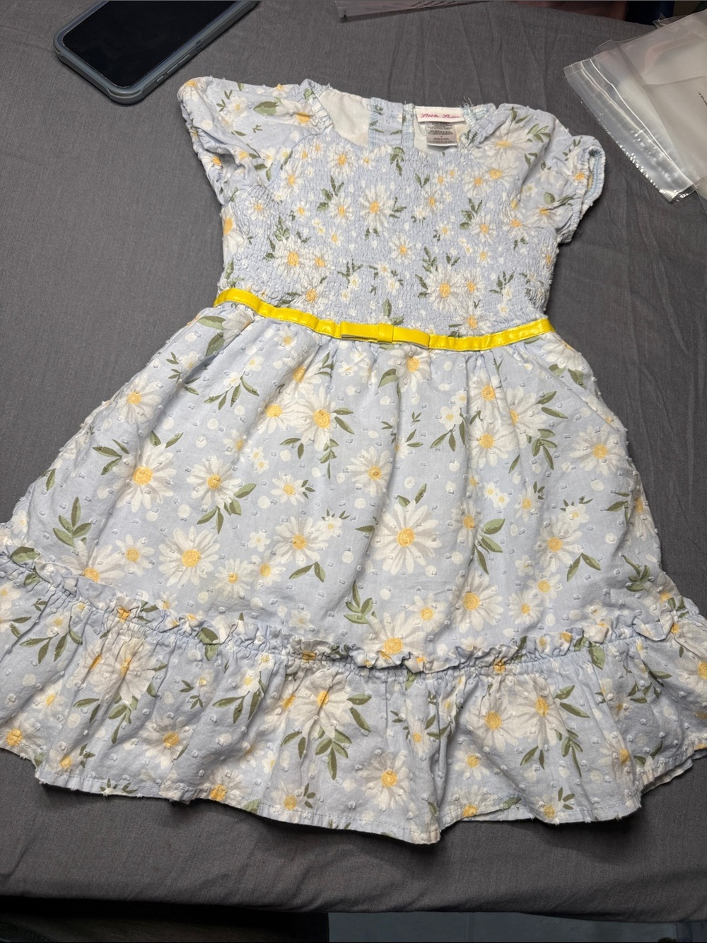 Little Lass Blue Daisy Dress with Yellow Ribbon Trim
